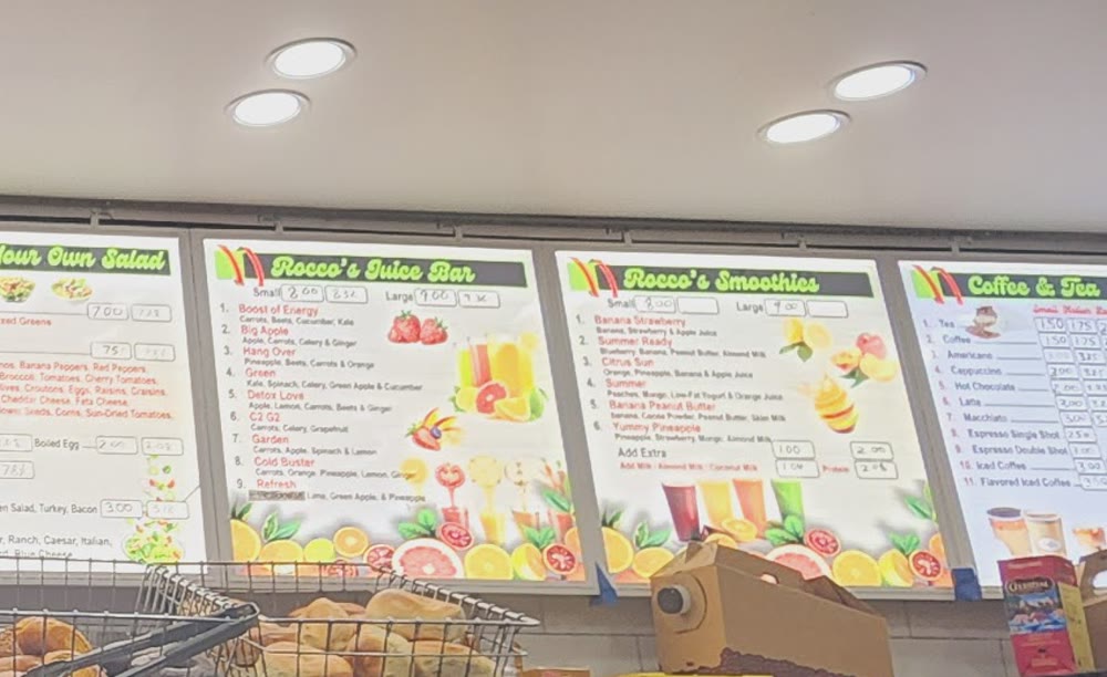 Rocco's Juice Bar and Smoothies menu boards